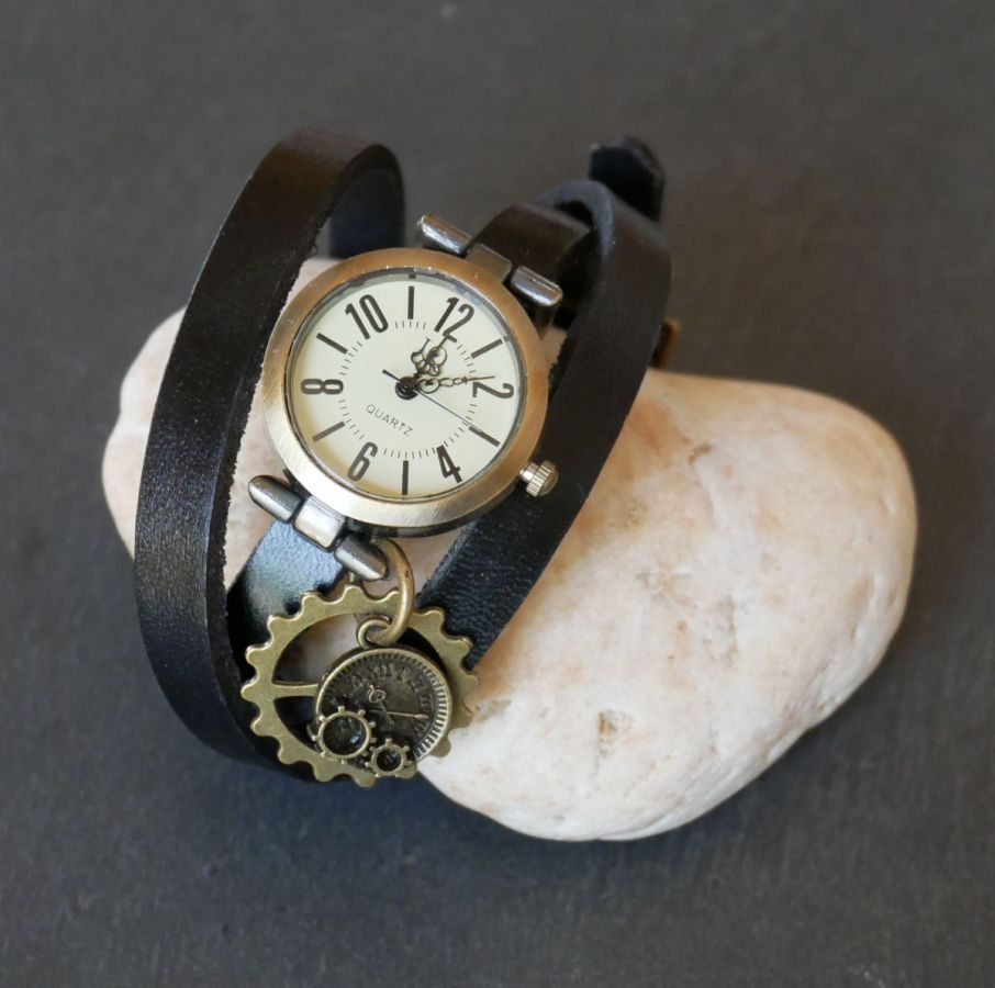 Montre bracelet 3 tours cuir Steampunk
