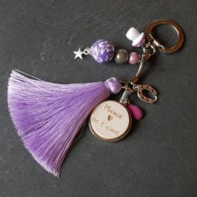 Trä cabochon nyckelring med parma tofs